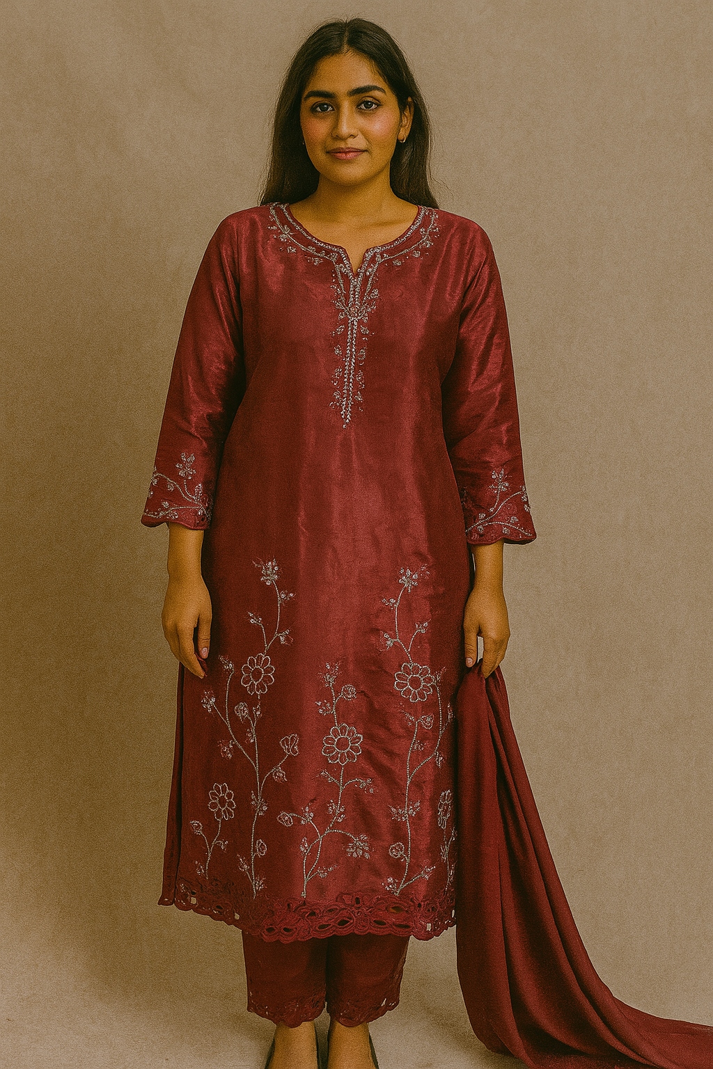 Wine Red Traditional Salwar Kameez with Floral Embroidery